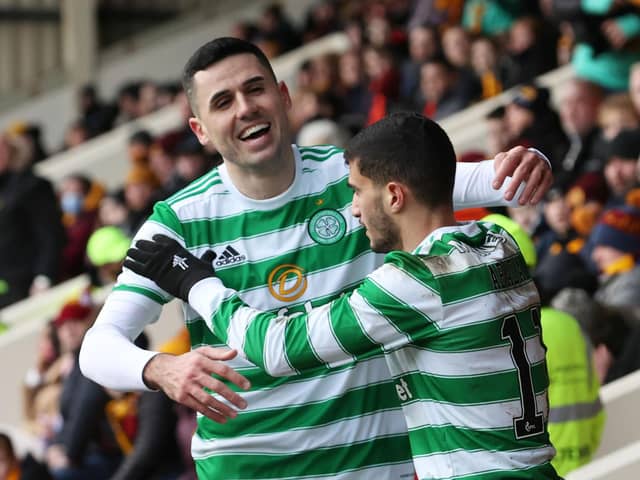 Celtic's Tom Rogic celebrates with Liel Abada after making it 3-0 against Motherwell. (Photo by Alan Harvey / SNS Group)