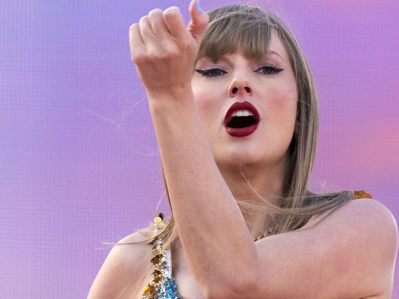 Taylor Swift performs on stage during her Eras Tour at the Murrayfield Stadium in Edinburgh.