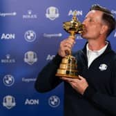 Henrik Stenson kisses the Ryder Cup after being appointed as Europe's captaon in March. Picture: Hailey Garrett/Getty Images.