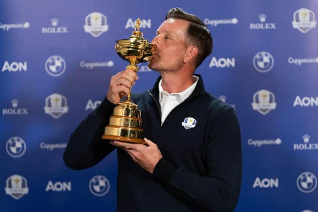 Henrik Stenson kisses the Ryder Cup after being appointed as Europe's captaon in March. Picture: Hailey Garrett/Getty Images.