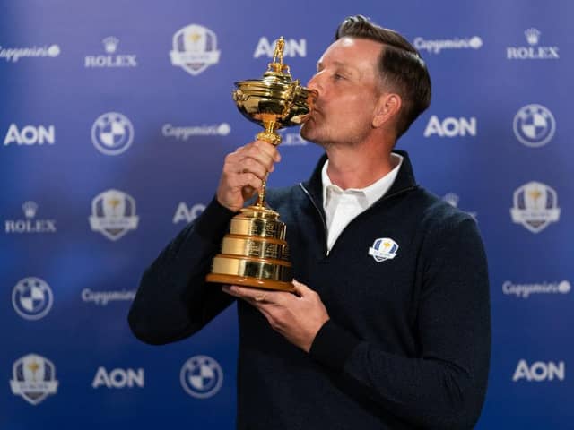 Henrik Stenson kisses the Ryder Cup after being appointed as Europe's captaon in March. Picture: Hailey Garrett/Getty Images.