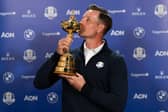 Henrik Stenson kisses the Ryder Cup after being appointed as Europe's captaon in March. Picture: Hailey Garrett/Getty Images.