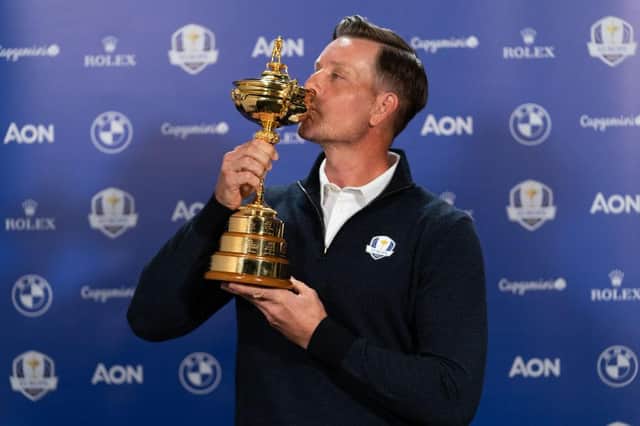 Henrik Stenson kisses the Ryder Cup after being appointed as Europe's captaon in March. Picture: Hailey Garrett/Getty Images.