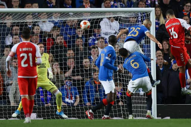 Braga's David Carmo heads home to stun Ibrox, levelling the tie on aggregate and forcing extra-time.  (Photo by Craig Williamson / SNS Group)