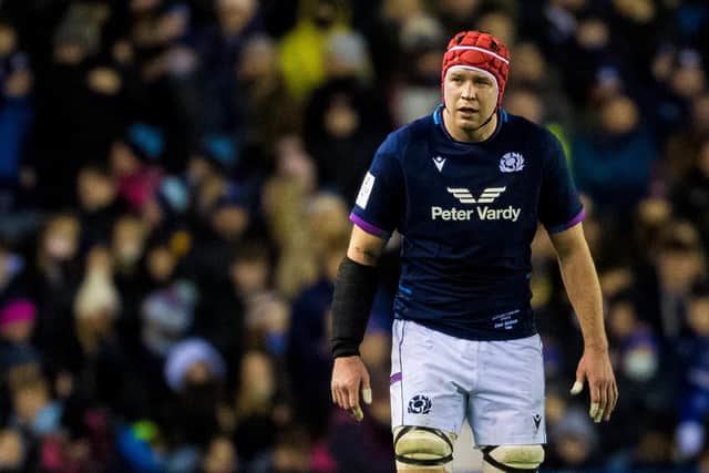 Grant Gilchrist in action for Scotland during the Guinness Six Nations victory over England at BT Murrayfield. (Photo by Ross Parker / SNS Group)