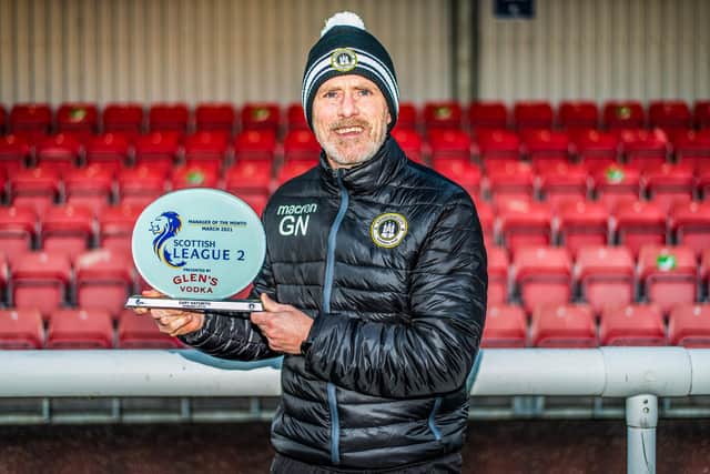 Gary Naysmith with his Scottish League Two Glen's Manager of the Month award for March which saw his Edinburgh City side rack up maximum points.