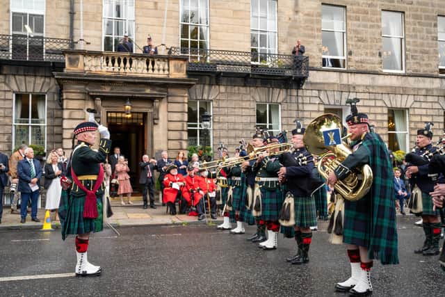 The Lowland Band of The Royal Regiment of Scotland Beating Retreat outside The Royal Scots Club on Abercromby Place. Picture: Simon Wiliams
