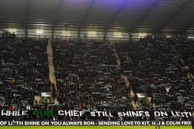 Hibs fans belt out "Sunshine on Leith" in memory of Ron Gordon.