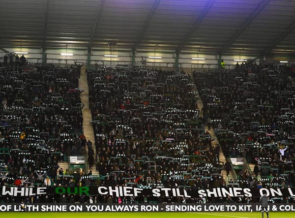 Hibs fans belt out "Sunshine on Leith" in memory of Ron Gordon.
