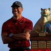 Tournament host Tiger Woods pictured at the trophy ceremony at last year's Hero World Challenge at Albany Golf Course in the Bahamas. Picture: Mike Ehrmann/Getty Images.