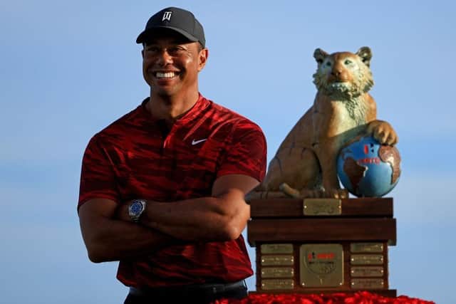 Tournament host Tiger Woods pictured at the trophy ceremony at last year's Hero World Challenge at Albany Golf Course in the Bahamas. Picture: Mike Ehrmann/Getty Images.