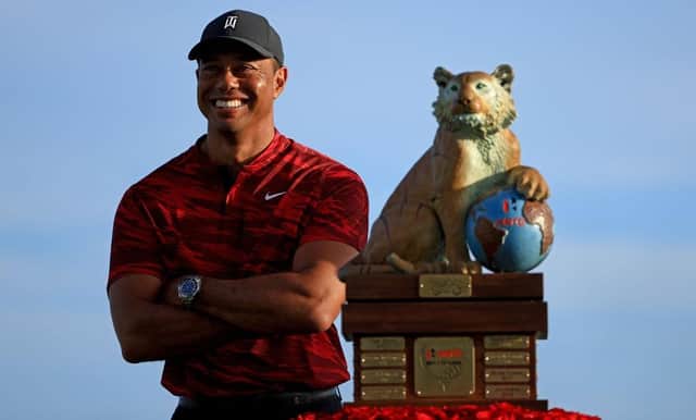 Tournament host Tiger Woods pictured at the trophy ceremony at last year's Hero World Challenge at Albany Golf Course in the Bahamas. Picture: Mike Ehrmann/Getty Images.