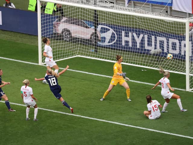Scotland star Claire Emslie celebrates after scoring against England in the France 2019 Women's World Cup (Picture: Valery Hache/AFP via Getty Images)