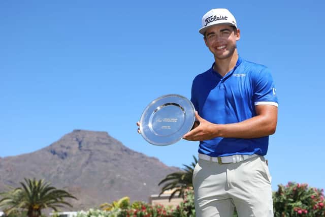 Garrick Higgo poses with the trophy after winning the Canary Islands Championship at Golf Costa Adeje in Tenerife. Picture: Andrew Redington/Getty Images.