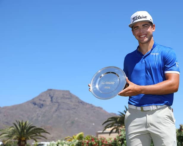 Garrick Higgo poses with the trophy after winning the Canary Islands Championship at Golf Costa Adeje in Tenerife. Picture: Andrew Redington/Getty Images.