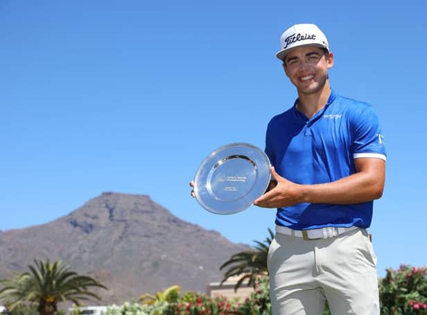 Garrick Higgo poses with the trophy after winning the Canary Islands Championship at Golf Costa Adeje in Tenerife. Picture: Andrew Redington/Getty Images.
