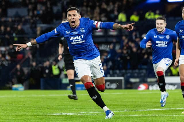 Rangers' James Tavernier celebrates after scoring the winner against Aberdeen in the Viaplay Cup final.