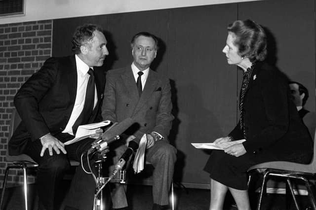Yes Minister actors Nigel Hawthorne, who played Humphrey Appleby, and Paul Eddington, as Jim Hacker, perform a sketch with Margaret Thatcher in 1984 (Picture: PA)