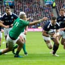 Alex Dunbar scores for Scotland against Ireland in the 2017 Six Nations with a cheeky lineout move. Picture: Bill Murray/SNS
