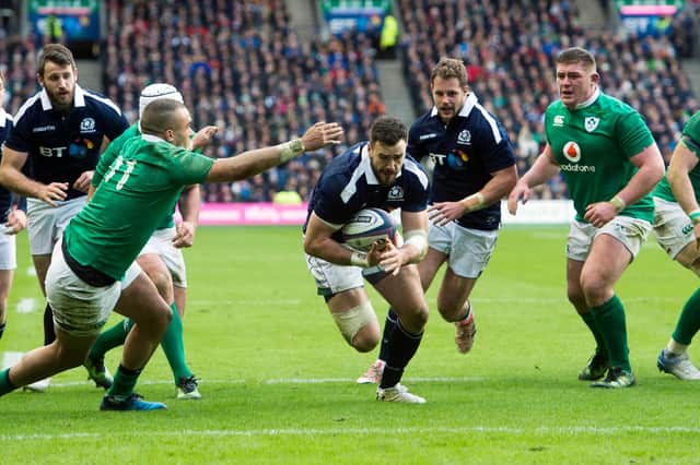 Alex Dunbar scores for Scotland against Ireland in the 2017 Six Nations with a cheeky lineout move. Picture: Bill Murray/SNS