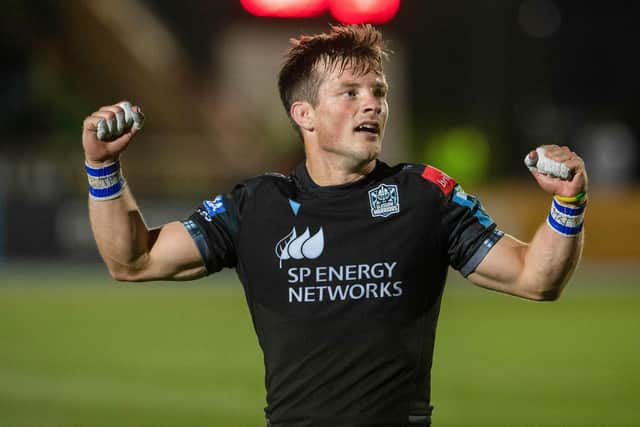George Horne celebrates Glasgow Warriors' 52-24 win over Cardiff on their long-awaited return to Scotstoun. (Photo by Ross Parker / SNS Group)