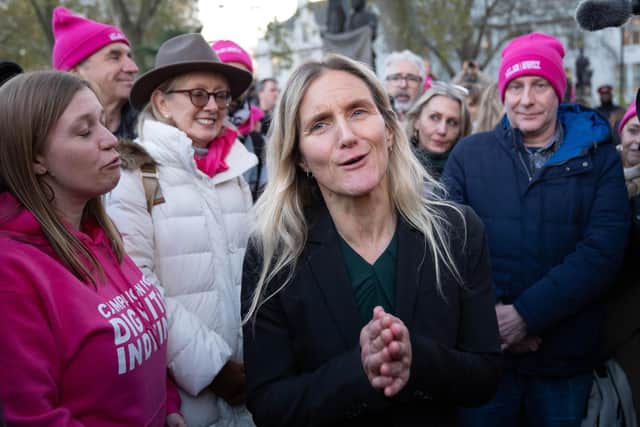 Kim Leadbeater joins supporters in Parliament Square in London after hearing the result of the vote in parliament for her Terminally Ill Adults (End of Life) Bill. Picture: Stefan Rousseau/PA Wire