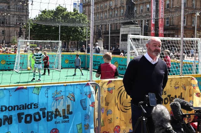 Scotland manager Steve Clarke speaks to the press after announcing his Scotland squad for the upcoming Euro 2024 qualifiers during a McDonald's Football Festival Event at George Square, Glasgow. It was part of the SFA's Week of Football celebration to mark the association's 150th anniversary (Photo by Ross MacDonald / SNS Group)