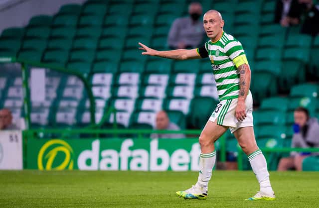GLASGOW, SCOTLAND - AUGUST 26: Scott Brown in action for Celtic during the Champions League Second Round qualifying match between Celtic and Ferencvaros at Celtic Park on August 26, 2020, in Glasgow, Scotland. (Photo by Ross Parker / SNS Group)