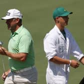 Lee Westwood and his caddie and son Sam during a practice round prior to the Masters at Augusta National Golf Club. Picture: Kevin C. Cox/Getty Images.