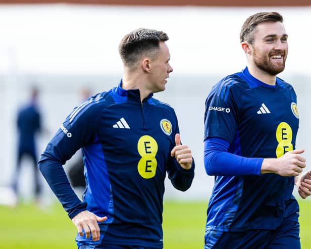 Lawrence Shankland and John Souttar during a Scotland training session at Lesser Hampden, on March 19, 2024, in Glasgow, Scotland.  (Photo by Craig Foy / SNS Group)