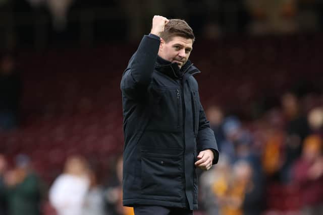 Rangers manager Steven Gerrard celebrates in front of the travelling support at Fir Park after his team's 6-1 win over Motherwell on Sunday. (Photo by Ian MacNicol/Getty Images)