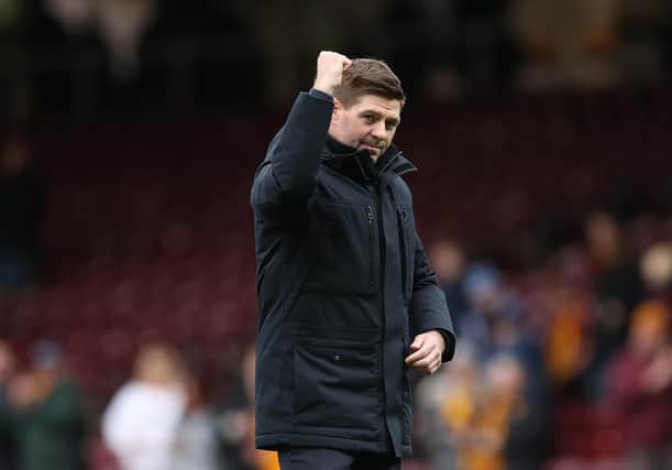 Rangers manager Steven Gerrard celebrates in front of the travelling support at Fir Park after his team's 6-1 win over Motherwell on Sunday. (Photo by Ian MacNicol/Getty Images)