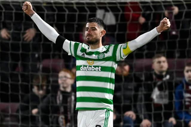 Celtic's Nir Bitton celebrates at full time following the 2-1 win over Hearts at Tynecastle on Wednesday. A victory in which his captaincy and commanding midfield presence - in the injury absence of Callum McGregor - were central as the Israeli continued his renaissance under Ange Postecoglou. (Photo by Rob Casey / SNS Group)