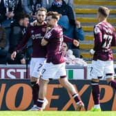 Hearts' Jorge Grant celebrates with Kenneth Vargas and Alan Forrest after scoring to make it 1-0.