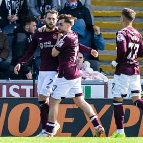 Hearts' Jorge Grant celebrates with Kenneth Vargas and Alan Forrest after scoring to make it 1-0.