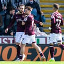 Hearts' Jorge Grant celebrates with Kenneth Vargas and Alan Forrest after scoring to make it 1-0.