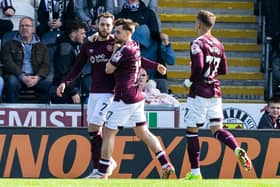 Hearts' Jorge Grant celebrates with Kenneth Vargas and Alan Forrest after scoring to make it 1-0.