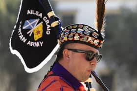 A Scotland fan plays the bagpipes before a UEFA Euro 2024 qualifier against Spain at the Estadio De La Cartuja, Seville, on October 12, 2023. (Photo by Craig Foy / SNS Group)