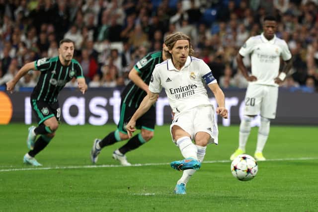 Luka Modric sets Real Madrid on their way to a 5-1 win over Celtic with a fourth minute penalty opener. (Photo by Clive Brunskill/Getty Images)