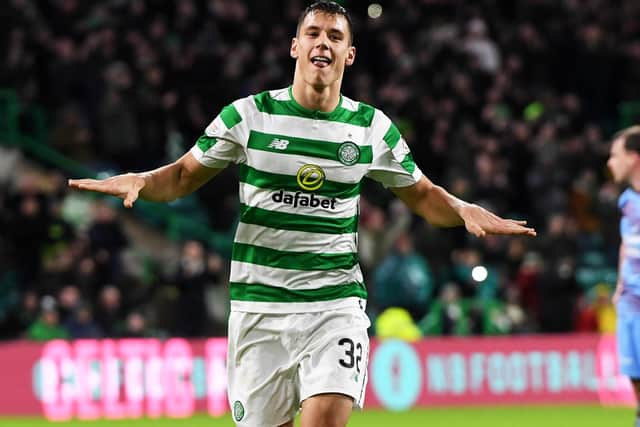 Celtic's Filip Benkovic celebrates after scoring against Dundee in December 2018.