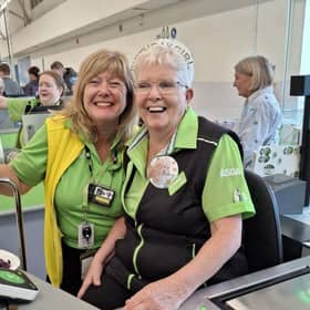 Asda Cumbernauld Checkout Colleague Elizabeth Colman with Joan McAloon Celebrating her 80th Birthday