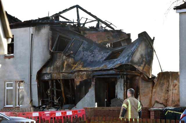 The scene this morning after an explosion and fire at a property on Broomage Crescent Larbert, Falkirk. Pic: Michael Gillen.