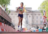 Scotland's Eilish McColgan crossed the finish line of the women's London Marathon in seventh place, making her the first female British finisher (Picture: Alex Davidson/Getty Images)