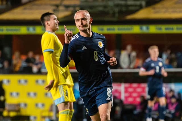 Lewis Fiorini celebrates giving Scotland U21s the lead in the 2-1 victory over Kazakhstan at Tannadice. (Photo by Craig Foy / SNS Group)