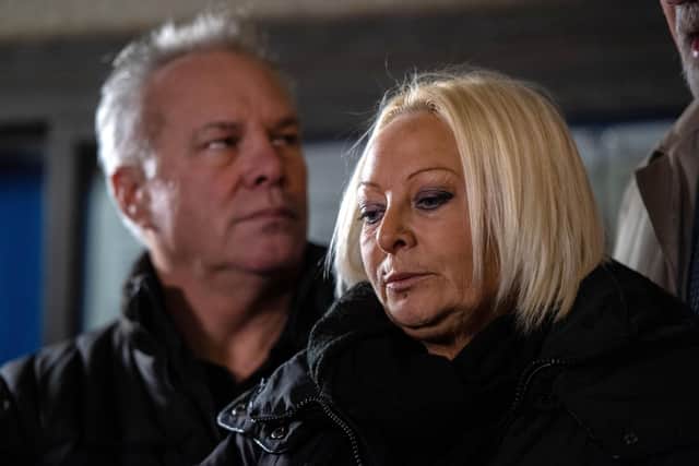 (Left to right) Harry Dunn's stepfather Bruce Charles and mother Charlotte Charles speak to media after the sentencing of Anne Sacoolas at the Old Bailey. Picture: Chris J Ratcliffe/Getty Images