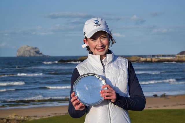 Fourteen-yar-old Grace Crawford shows off her trophy after winning the North Berwick Ladies' Championship. Picture: Ross Duncan Marketing & Communications.