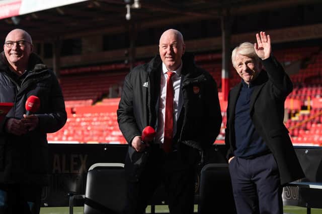 Former players Willie Miller, Neil Simpson and Gordon Strachan during Sir Alex Ferguson's statue unveiling ceremony at Pittodrie, on February 25, 2022, in Aberdeen, Scotland. (Photo by Mark Scates / SNS Group)