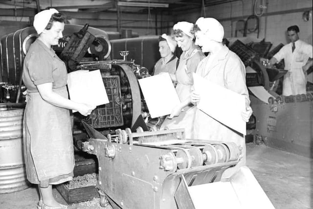 A sheet of wafer biscuit for the caramel wafer comes off machine in the factory.