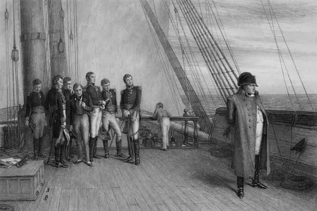 Napoleon Bonaparte is depicted aboard the HMS Bellerophon following his surrender after the battle of Waterloo (Engraving by JC Armytage from a painting by WQ Orchardson/Hulton Archive/Getty Images)