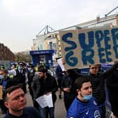 Chelsea fans protest against the Super League ahead of their match on Tuesday against Brighton.